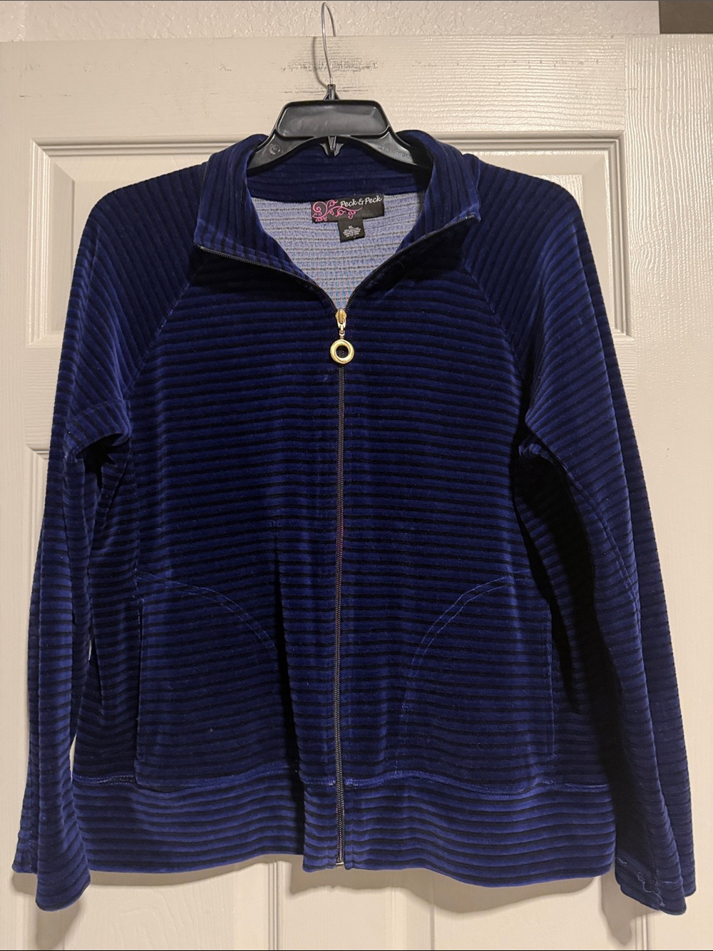 Peck & Peck Deep Navy Ribbed Velour Zip Jacket